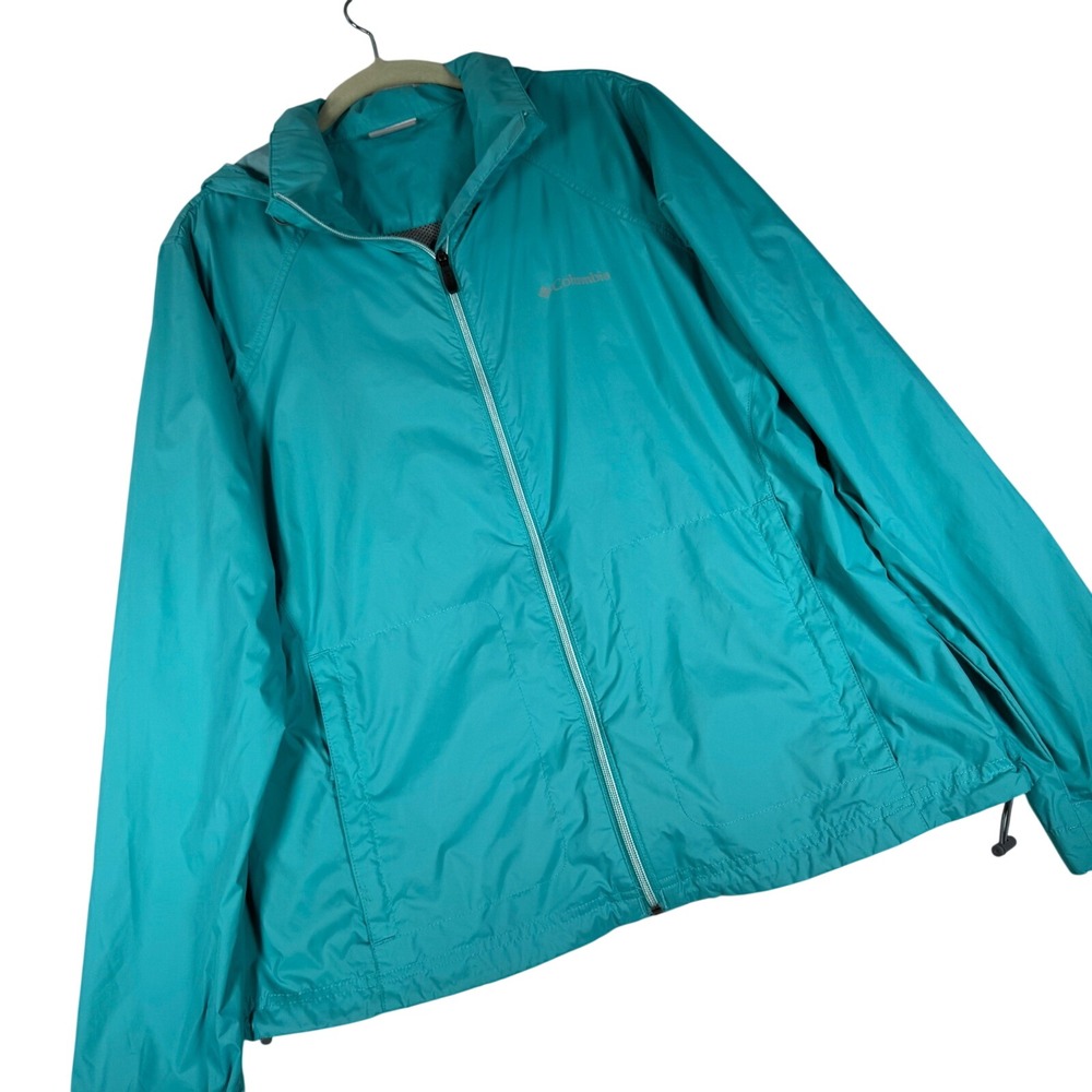 Columbia Women XL Teal Blue Hooded Full Zip Windbreaker Jacket Shell RL2149 Good
